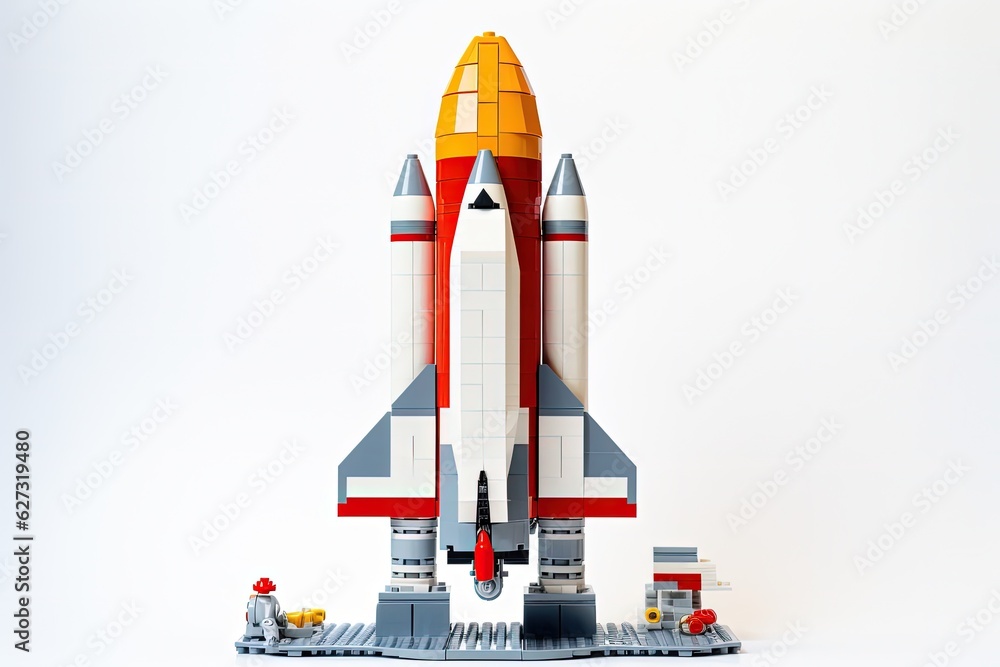 Toy parts to assemble, Space rocket on white background. Generative AI Toy parts to assemble, Space rocket on white background. Generative AI