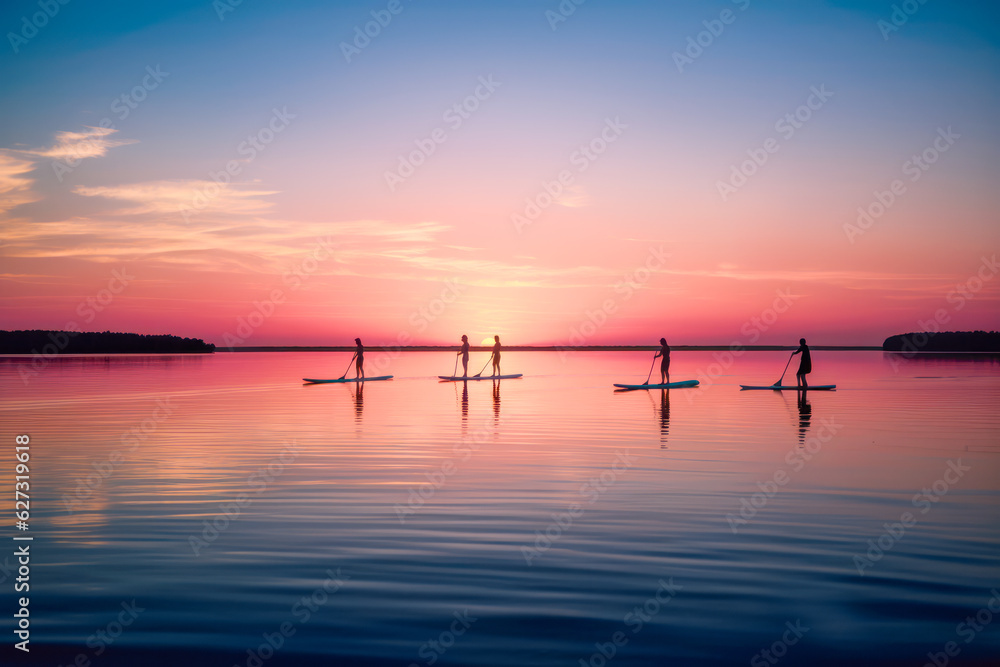 Ride the waves with a surfboard and paddleboard as the sun sets. Embrace the thrill of surfing and standup boarding, capturing the essence of adventure on the water. Ride the waves with a surfboard and paddleboard as the sun sets. Embrace the thrill of surfing and standup boarding, capturing the essence of adventure on the water.
