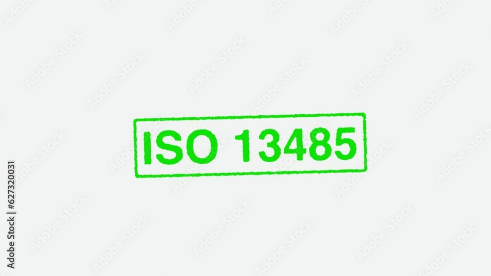 Close Up Real Hand Stamping ISO 13485 Stamp on White Background Close Up Real Hand Stamping ISO 13485 Stamp on White Background