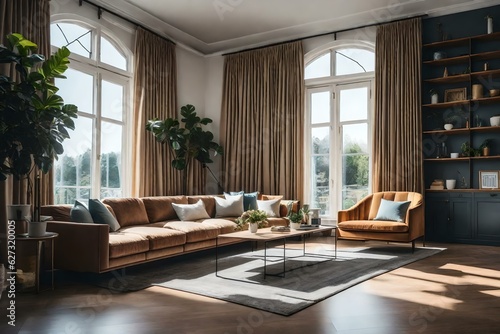 living room with high windows and sofa