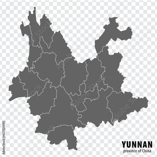 Blank map  Province Yunnan of China. High quality map Yunnan with municipalities on transparent background for your web site design, logo, app, UI. People's Republic of China.  EPS10.