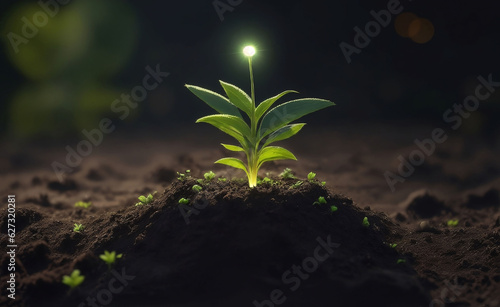 Little green plant growing on a soil, Generative AI Illustration.