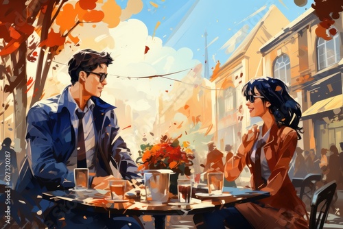 A man and a woman sitting at a table. Digital image. Romantic European town on a rainy day in Autumn.