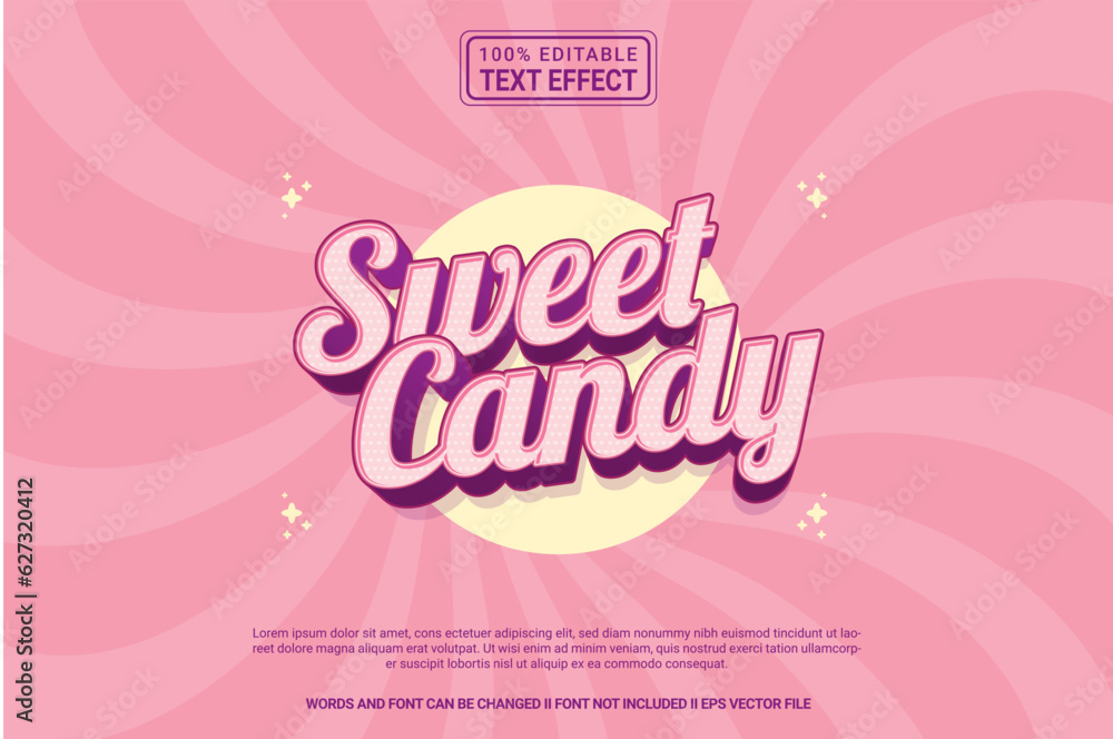 Editable text effect Sweet candy 3d cartoon template stlye modren premium vector - obrazy, fototapety, plakaty 