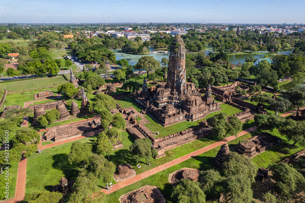 Aerial view of in Ayutthaya temple, Wat Phra Ram in Phra Nakhon Si Ayutthaya, Historic park in Thailand.