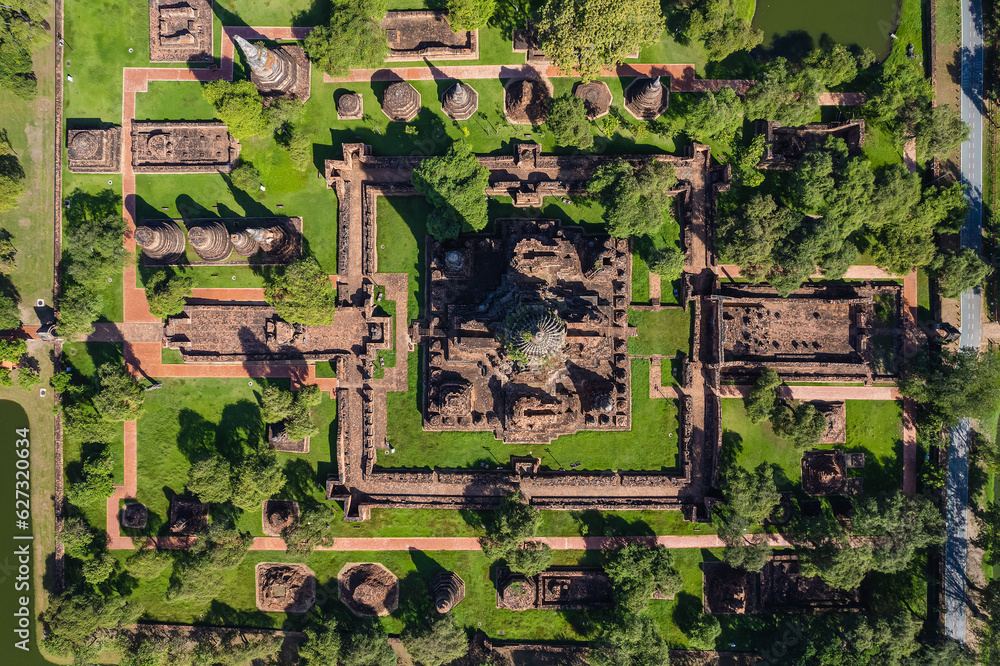 Fototapeta premium Aerial view of in Ayutthaya temple, Wat Phra Ram in Phra Nakhon Si Ayutthaya, Historic park in Thailand.