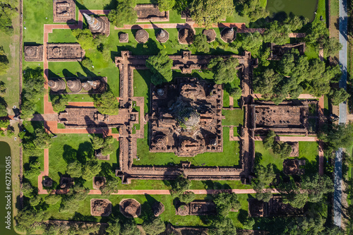 Aerial view of in Ayutthaya temple, Wat Phra Ram in Phra Nakhon Si Ayutthaya, Historic park in Thailand.