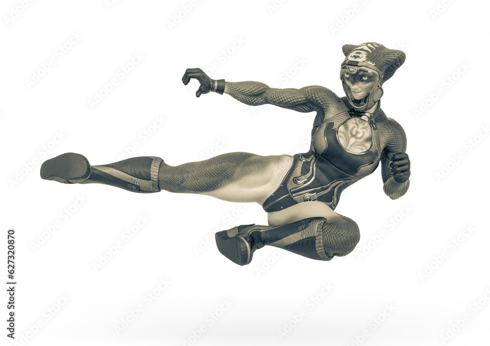 aquatic alien girl is jumping and kicking up on outfit aquatic alien girl is jumping and kicking up on outfit