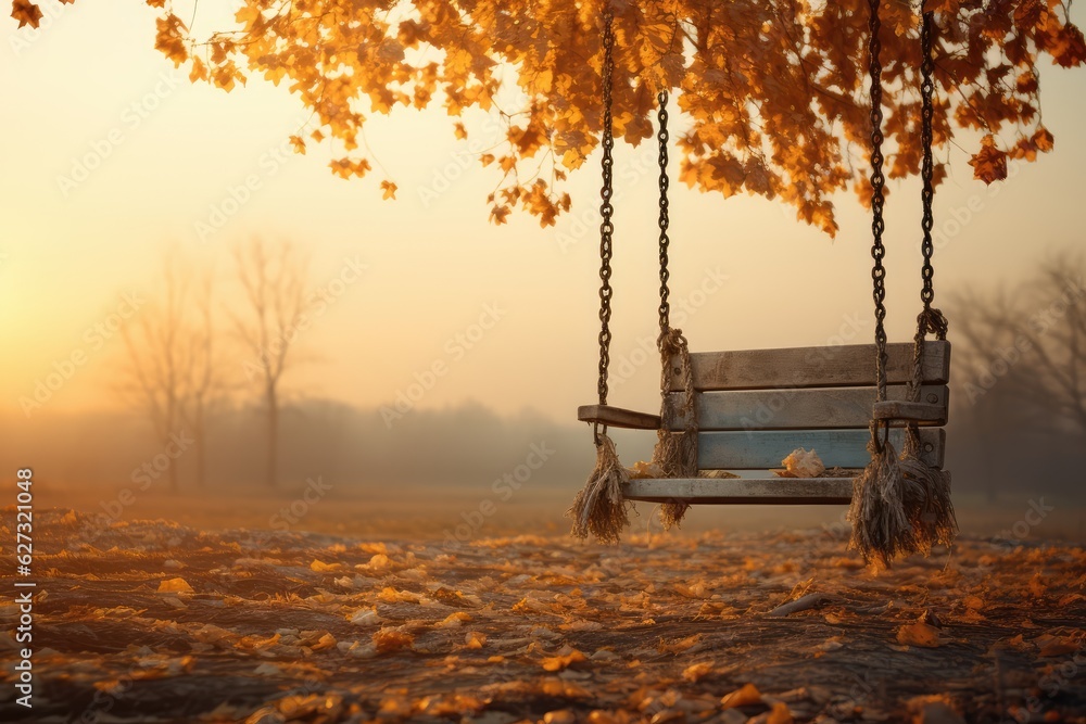 Empty Swing in Autumn: Symbol of Loss and Melancholy - AI Generated - obrazy, fototapety, plakaty 