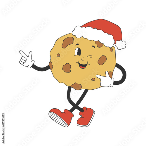 Groovy hippie cookie with Christmas hat. Cartoon character in trendy retro style. 