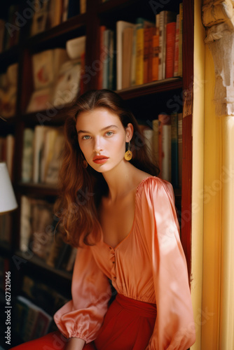 portrait of a woman/model/book character standing in a bookstore/library surrounded by books in in a fashion/beauty editorial magazine style film photography look - generative ai art