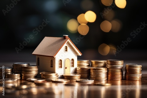 Piles of Coins and a Tiny House Model: Real Estate Investment Concept - AI Generated