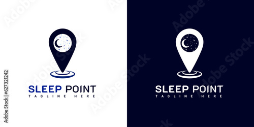 Sleep Point Logo Design. With crescent moon, stars, and pin point icon. Hotel logo. On white, blue, and navy blue colors. Simple, premium, and luxury design template