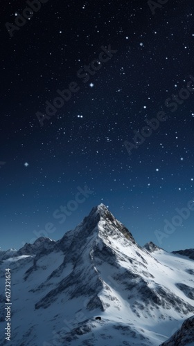 A mountain covered in snow under a night sky. Digital image.