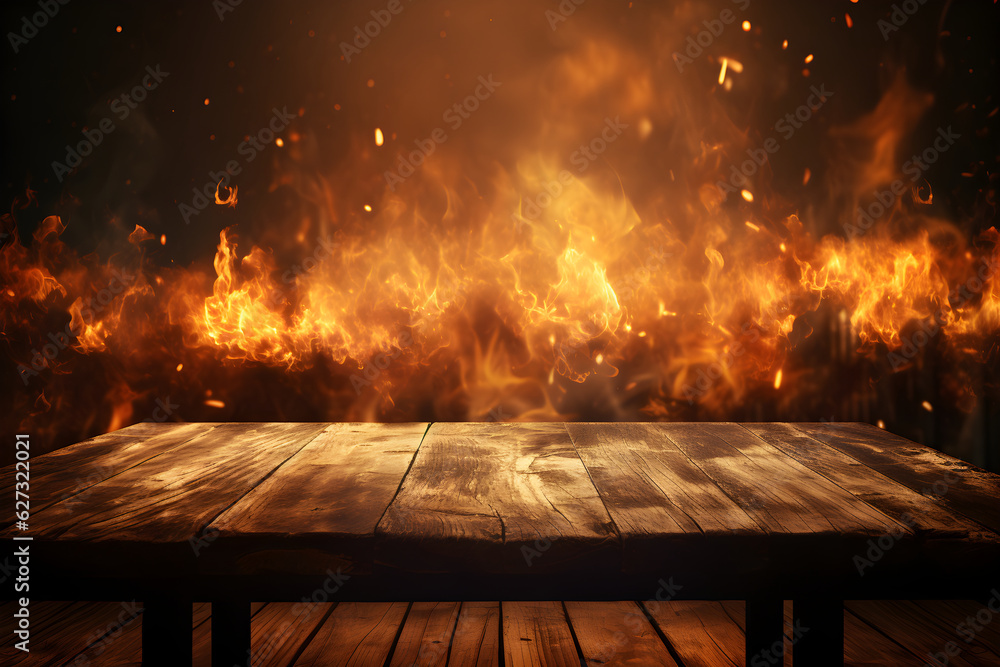 Empty Wooden Table with Fire Background for Grilled Food Promotion Template