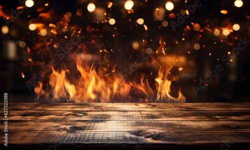 Wooden Table with Fiery Background