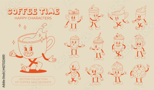 Collection cute cartoon characters of coffee takeaway and pastries donut, chocolate chip cookie, ice cream and cupcake. Vector illustration. Isolated desserts food and drink in retro nostalgic style