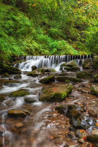 Beautiful autumn landscape with small mountain crystal clear creek surrounded...