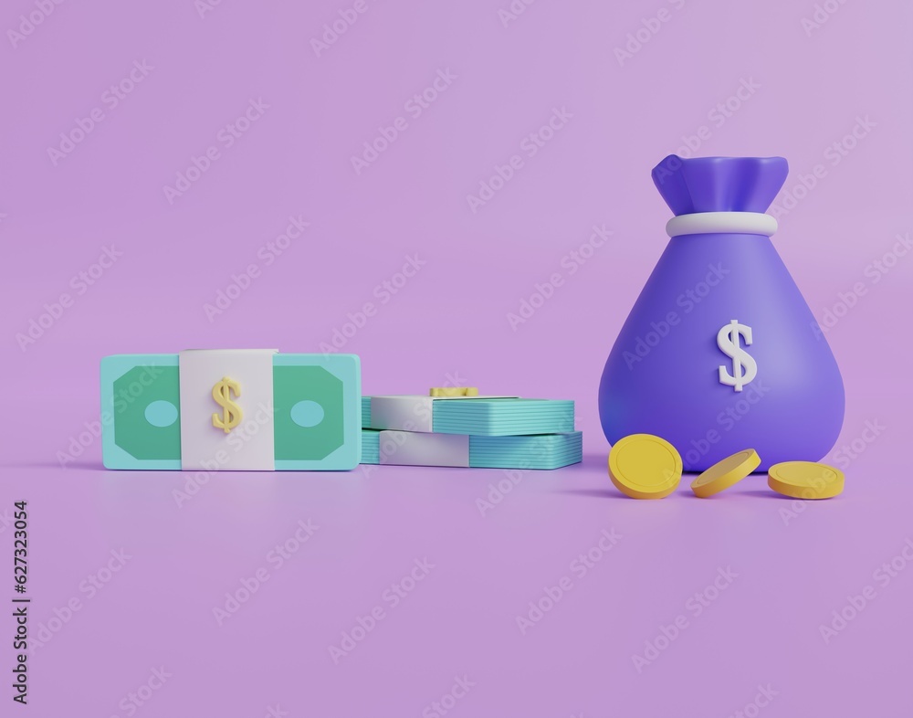 3D bag of money on purple background. money spending, cashless society concept. 3d icon render illustration 3D bag of money on purple background. money spending, cashless society concept. 3d icon render illustration