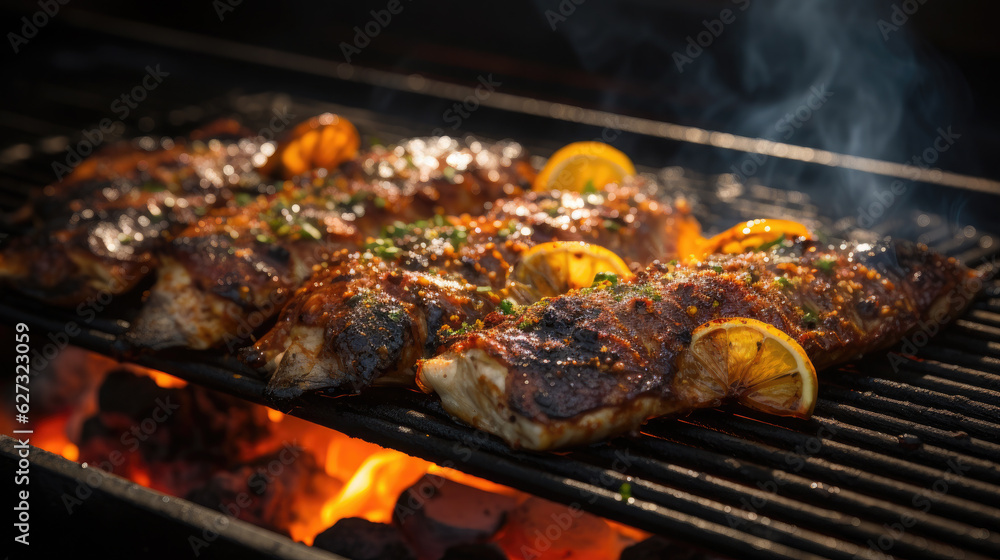 Grilled fish with lemon, tomatoes and herbs.