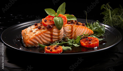 Grilled fish salmon with lemon, tomatoes and herbs.