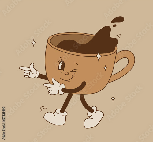 Retro cartoon coffee cup character set. Mug mascot in different poses. 70s-80s groovy contour vector illustration. Espresso black coffee cup.