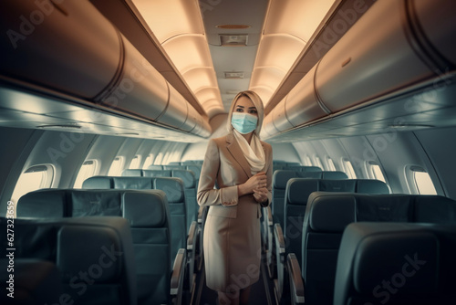 Stewardess in medical mask in an empty plane. AI generated © tiena