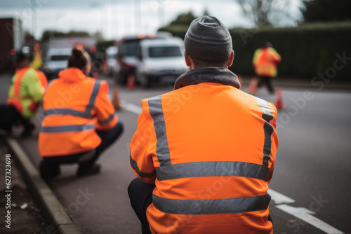 Climate change protest activists wearing hi vis jacket sit on a road and block traffic