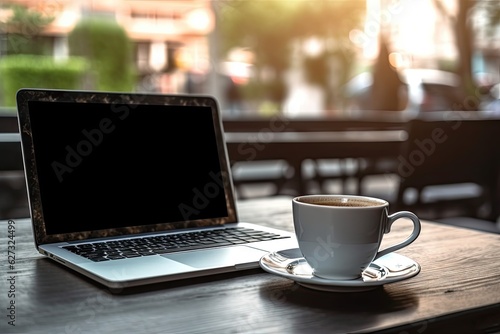 Work and white cup of Coffee. Laptop on a wooden table in blur cafe background. Business online concept