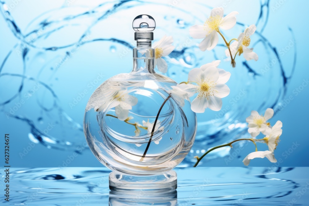 A glass perfume bottle with a flower inside of it. Digital image. Fresh cut flowers, water ripple. A glass perfume bottle with a flower inside of it. Digital image. Fresh cut flowers, water ripple.
