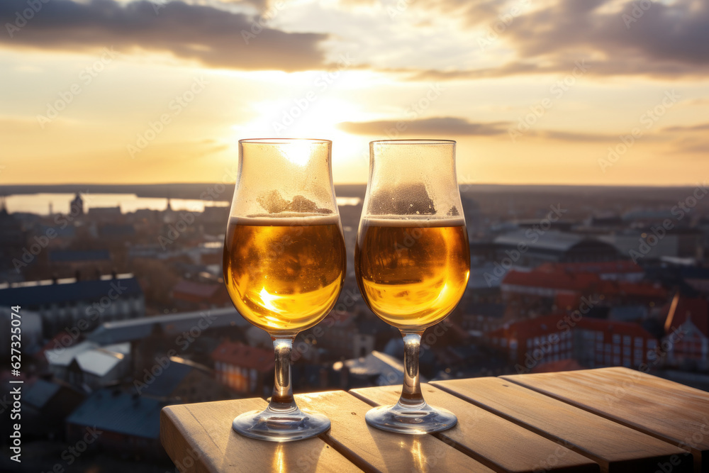 Two glasses of beer with scenic view of Scandinavian town