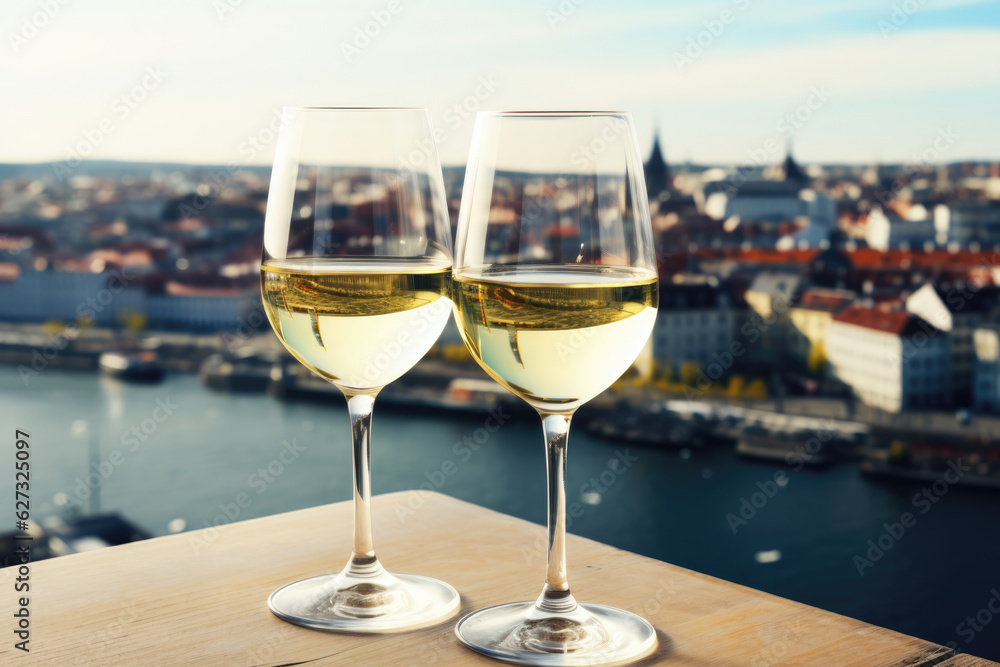Two glasses of white wine with scenic view of Scandinavian town Two glasses of white wine with scenic view of Scandinavian town