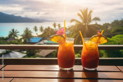 Exotic fruit tropical cocktails on Asian beach resort