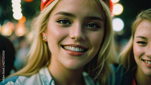 Young woman at a summer music festival. Joyful fun. Stage performance with lights and crowd.