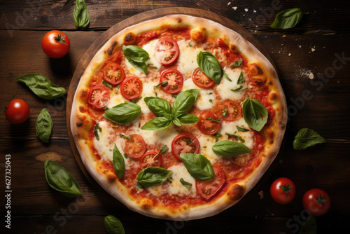 Pizza Margherita on a wooden table, top view