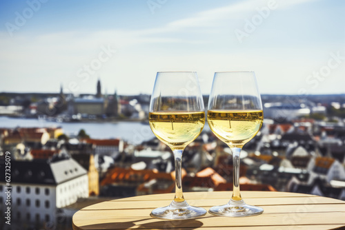 Two glasses of white wine with scenic view of Scandinavian town