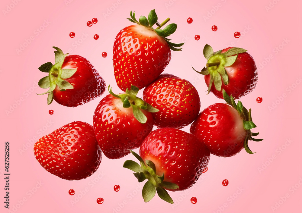 Falling strawberries on pink bacground.Macro.Top view.AI generative. Falling strawberries on pink bacground.Macro.Top view.AI generative.
