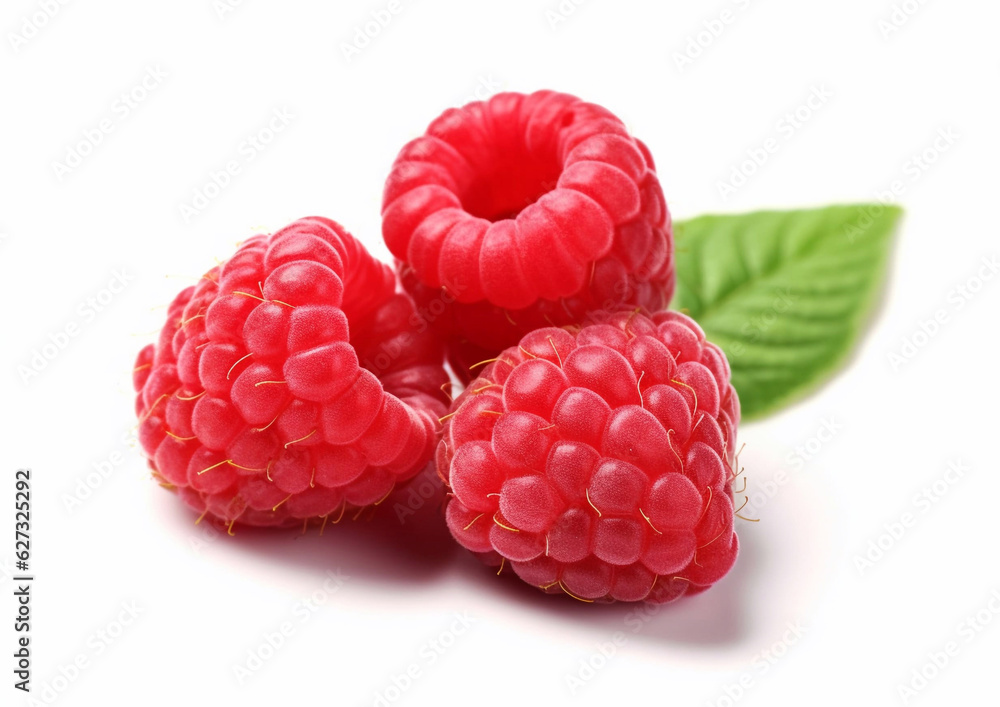 Raspberries red sweet berries with leaf on white.Macro.AI Generative. Raspberries red sweet berries with leaf on white.Macro.AI Generative.