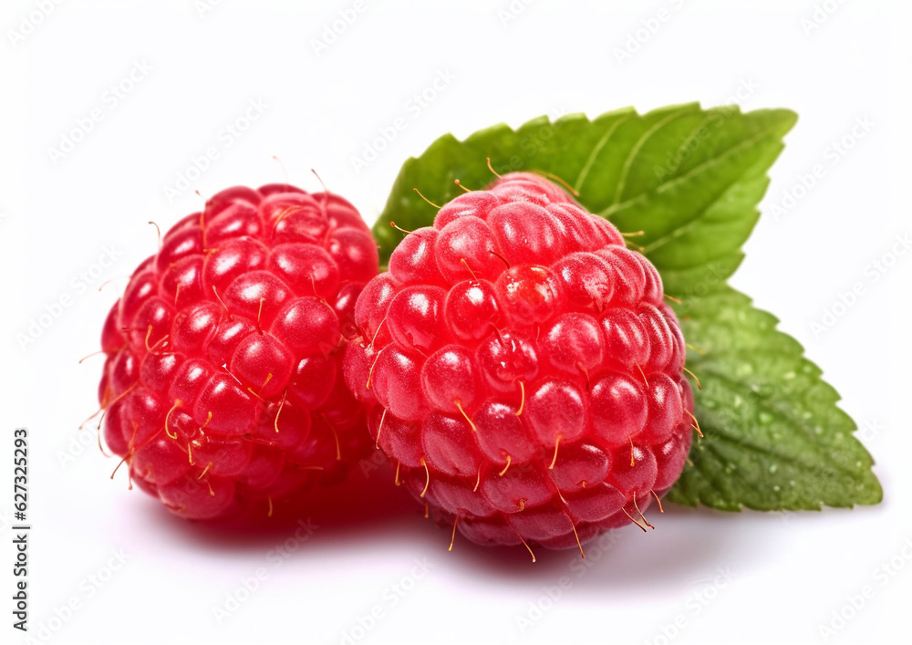 Raspberries red sweet berries on white background.AI Generative. Raspberries red sweet berries on white background.AI Generative.
