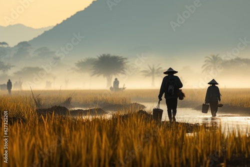 A couple of people walking through a field. Asian field workers.
