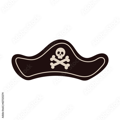 Black pirate hat with skull and crossbones. Hand drawn cartoon vector illustration isolated on white background