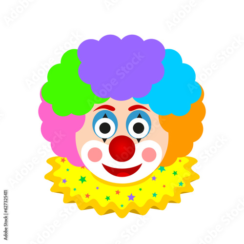 Colorful drawing of fun smiling clown with multicolored wig.