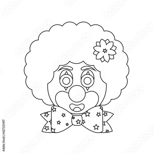 Smiling clown coloring page with fun bow.