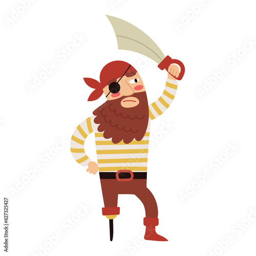 An evil one-eyed bearded pirate with a prosthesis instead of a leg holds a sword in his hands. Hand drawn cartoon vector illustration isolated on white background