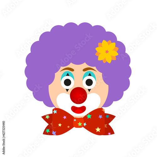 Colorful drawing of fun smiling clown with patterned bow.