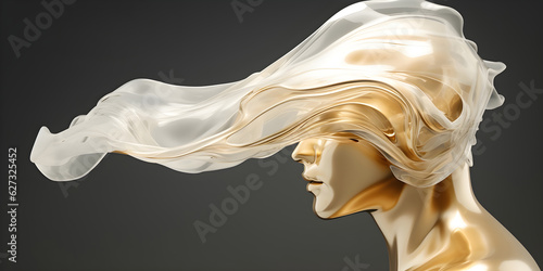 Futuristic human illustration, gold glitter, liquid chrome glossy glass iridescent material head adorned with liquid transparent glass. Generative AI