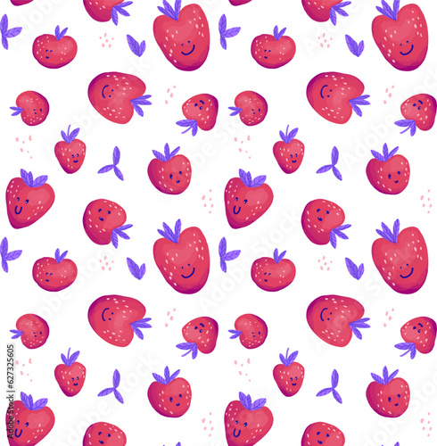 Funny cute strawberry seamless pattern background with berries, leaves