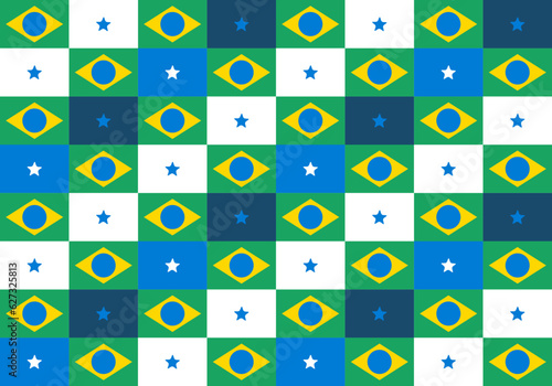 Brazil. Brazilian flag, seamless pattern, vector illustration. Repeatable and stackable. Blue, green, yellow and star. soccer, football, female, male. Championship, cup. Backdrop, background texture.
