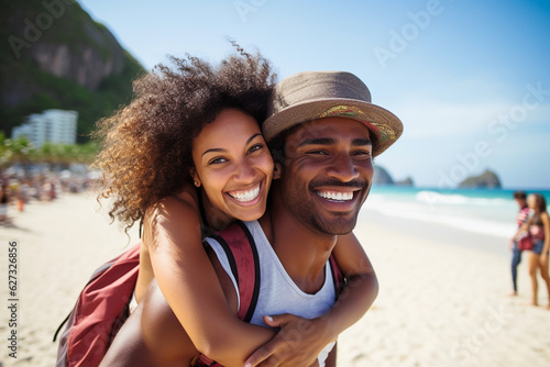 Portrait of a young Brazilian black couple in a piggyback position, having fun at the beach. © Creative Clicks