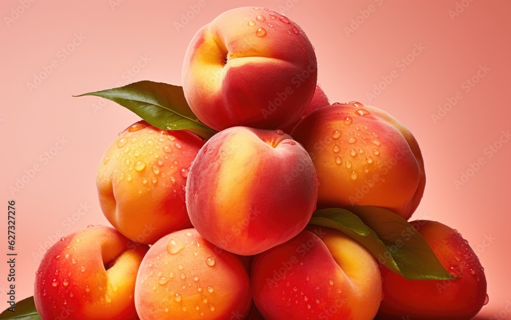 Peaches with drops on the pink background. Peaches with drops on the pink background.